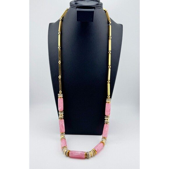Vintage Lucite Gold Tone Pink Beaded Statement Necklace Geometric Bar Retro - Picture 2 of 13